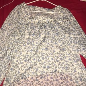 Blue White floral print blouse